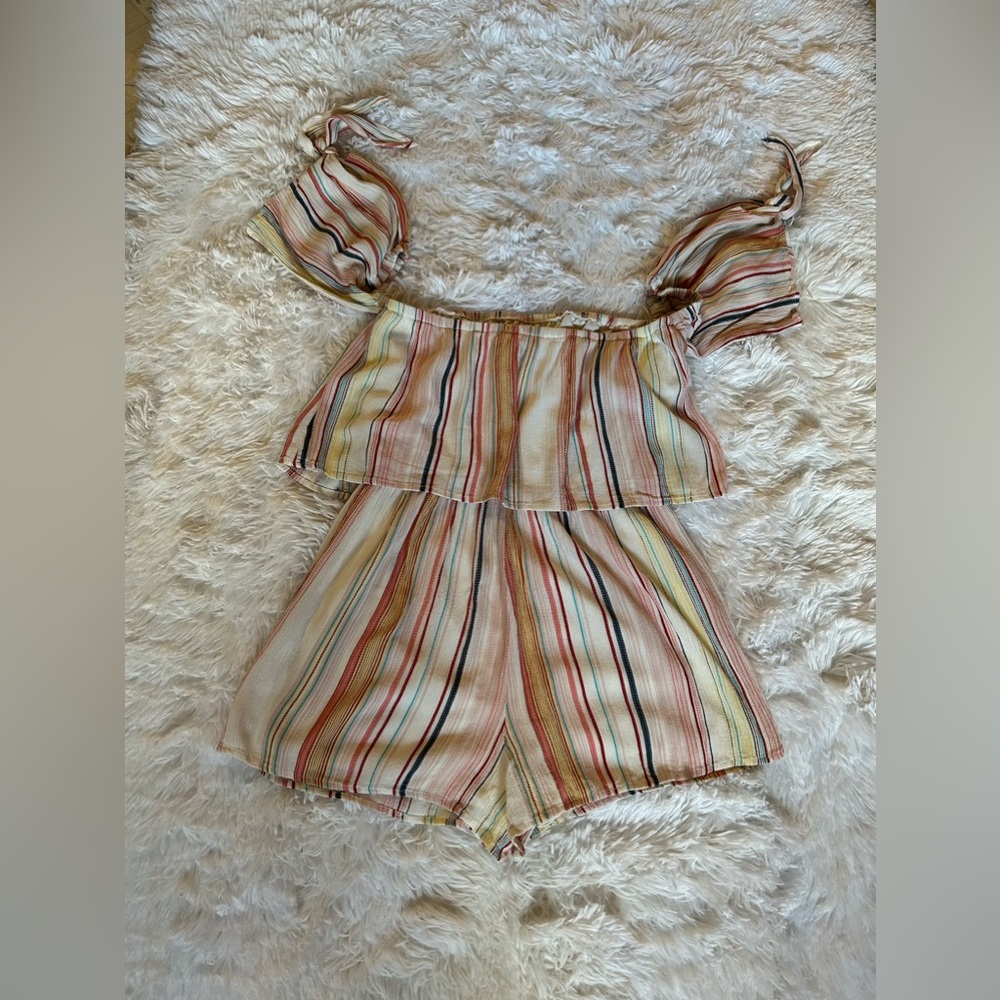 BP. Off shoulder striped romper with bow details size XS